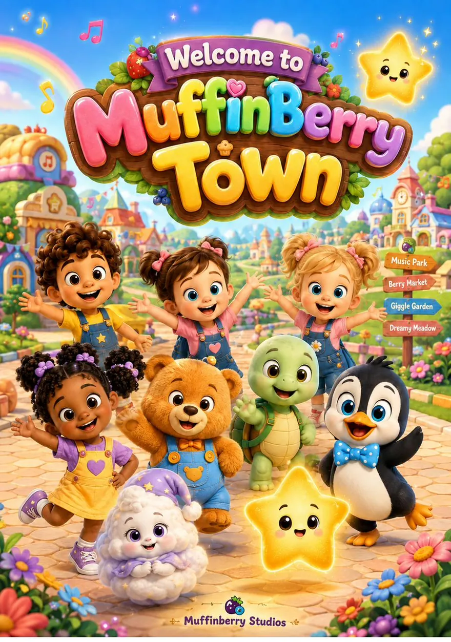 The whole Muffinberry gang cheering together in Muffinberry Town