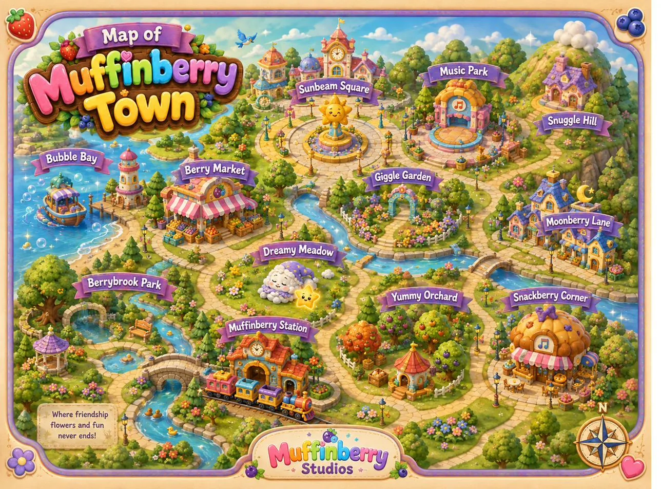 Illustrated map of Muffinberry Town showing Sunbeam Square, Music Park, Berry Market, Giggle Garden, Dreamy Meadow, Bubble Bay, Snuggle Hill, Moonberry Lane, Muffinberry Station, Berrybrook Park, Yummy Orchard and Snackberry Corner